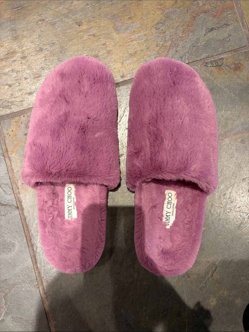 Jimmy Choo Plush Slip-On Slippers in Mauve Pink